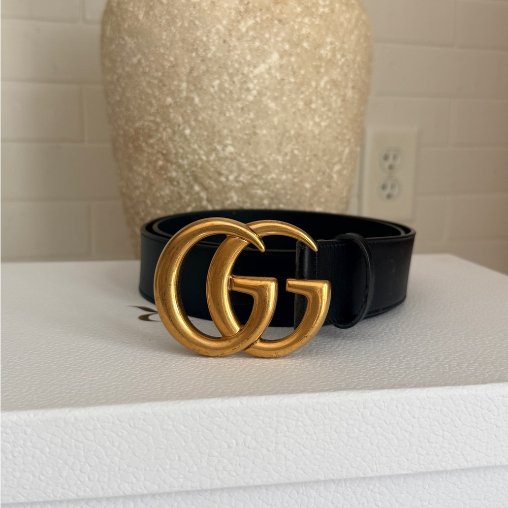 Gucci Black Leather Belt with Gold Double G Logo Buckle
